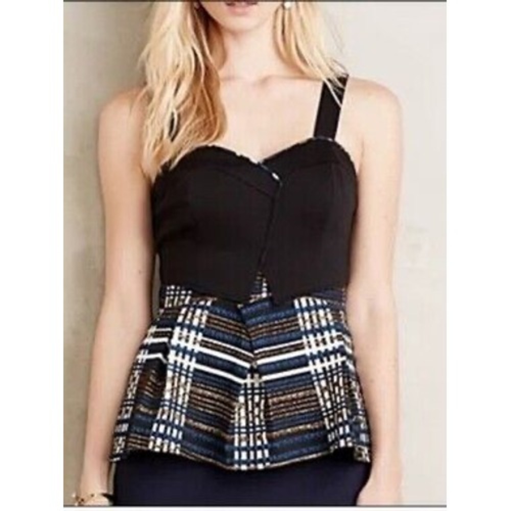 Anthropologie Deletta Black Metallic Plaid Peplum Sweetheart Top Sz S Wrap